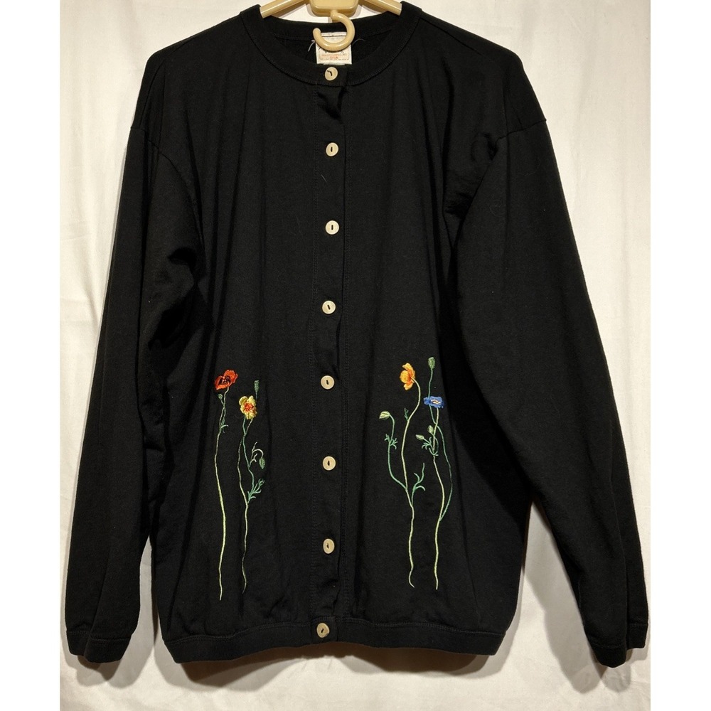 Cardigan Lagenlook Floral Embroidery Cotton Button Up Black USA VTG Sz XL